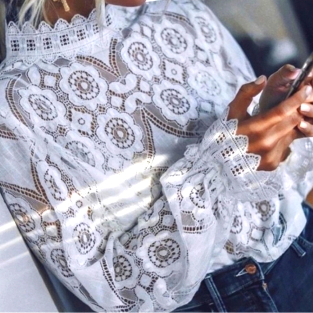 🤣Stunning October Love ❤️White Lace Top (See Thru)-Blouse love you too 💜💙🐦💕 - Picture 6 of 12